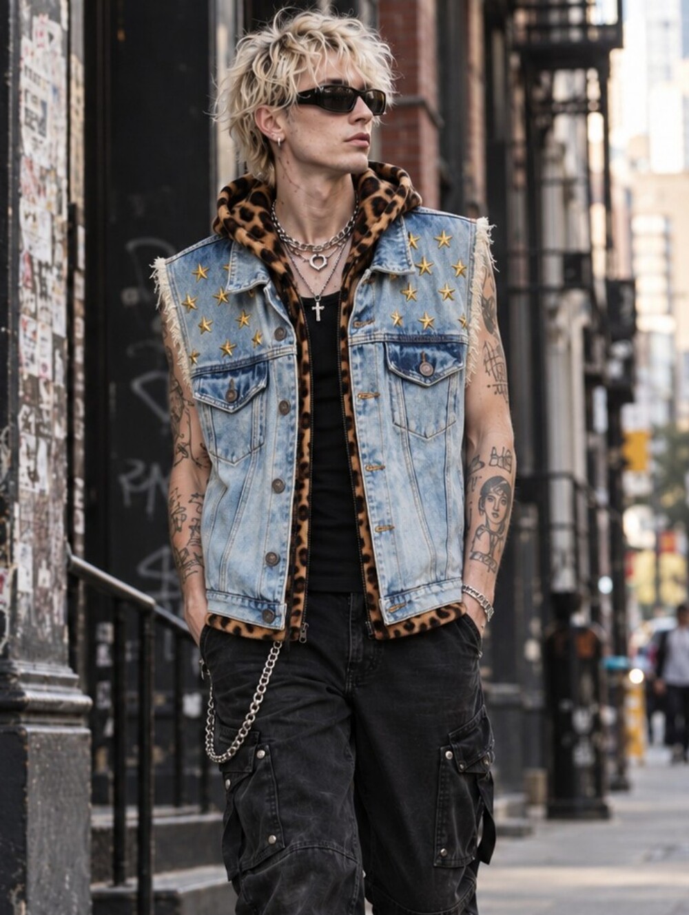 Joyrich Tom Hirota Studded Leopard Print Denim Vest Size XL Grunge Distressed